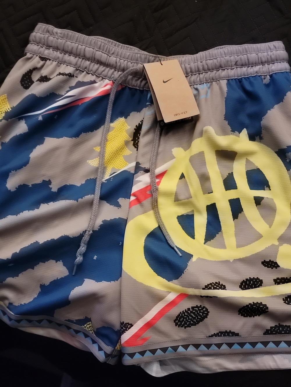 Nike Grey Blue Athletic Shorts with Yellow Graphic